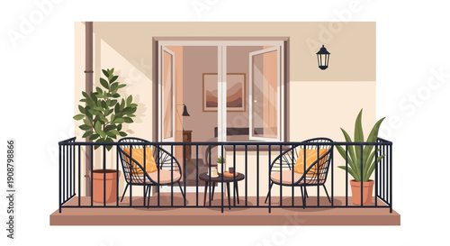 Cozy balcony with furniture and potted plants in a modern building.
