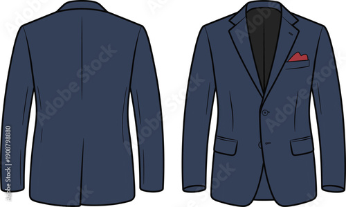Front and back view of navy blue men’s blazer with red pocket square, fashion sketch, cad drawing flat vector illustration