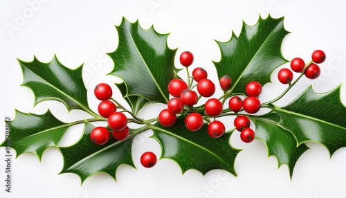 A Sprig Of Holly Leaves And Bright Red Berries Isolated Against A White Background