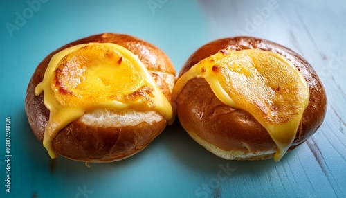 Two Round Golden Brown Cheese Buns Close Up Melted Cheese Is Visible On The Surface