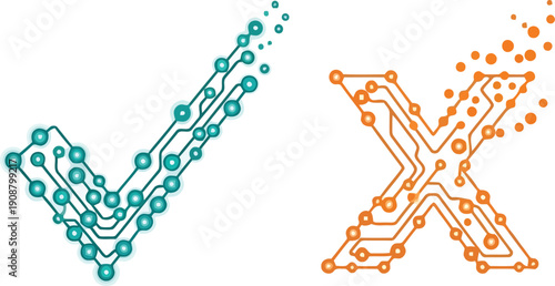 Digital Check Mark and Cross Symbol in Technology Style for Approval and Rejection Concepts