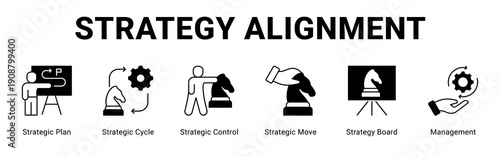 Strategy Alignment web banner icon concept,  with Strategic Plan, Strategic Cycle, Strategic Control, Strategic Move, Strategy Board, Managem.