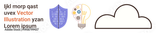 Cybersecurity, innovation, cloud services, digital safety, technology, data analysis. Blue shield, lightbulb with gears and cloud line art. Cybersecurity and innovation