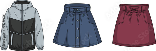 Hooded jacket, denim skirt, maroon skirt, drawstring waist, button closure, casual fashion, cad drawing flat vector illustration