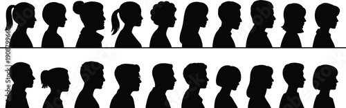 Human head silhouette collection, diverse profile illustration, hairstyle variation, identity concept, black vector heads, social study, psychology reference, minimal art