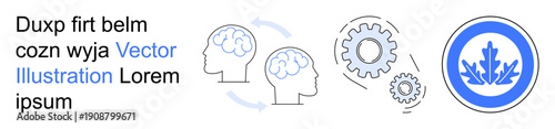 Education, innovation, cognitive science, creativity, problem solving, teamwork. Two heads with gears and flow arrows. s cognitive science and innovation concepts