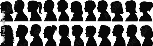 Human head silhouette profiles, diverse hairstyle outlines, black vector heads, demographic illustration, facial feature shapes, artistic profile collection