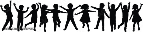 Kids silhouettes, playful children group, jumping dancing happy, raised arms, cad drawing, flat vector illustration, black white design, joyful pose