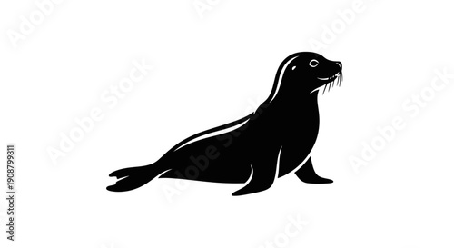 Black Silhouette of a Seal on a White Background.
