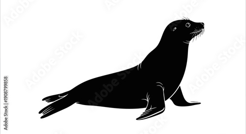 Black Silhouette of a Seal on a White Background.