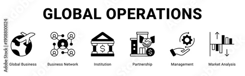 Global Operations web banner icon concept,  with Global Business, Business Network, Institution, Partnership, Management, Market.