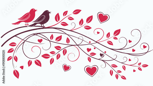 Two Love Birds Perched on Floral Branch with Swirls, Hearts, and Pink Leaves for Valentine's Day