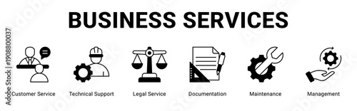 Business Services web banner icon concept,  with Customer Service, Technical Support, Legal Service, Documentation, Mainten.
