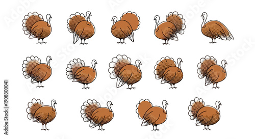 Collection of cartoon turkeys in various poses.