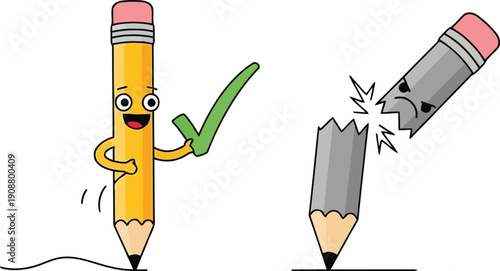 Cheerful Cartoon Pencil Illustration: Happy and Broken Pencil Characters for Children's Education