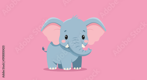 Cute cartoon baby elephant illustration on pink background.