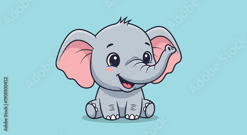 Cute cartoon baby elephant sitting and smiling.