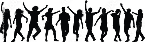 Silhouette of dancing people, energetic poses, joyful movement, celebration, freedom, expressive body language, group fun, happiness, rhythm, lively scene