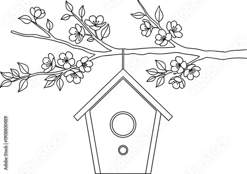 Birdhouse with blossoming branch illustration
