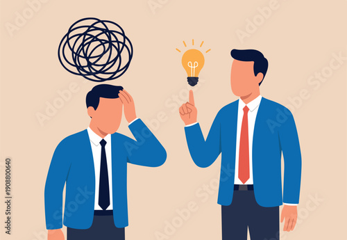 Problem solving skill to think of solution, creativity to solve difficult issue, resolution or coaching to help trouble, confused businessman with messy thinking with other giving lightbulb solution