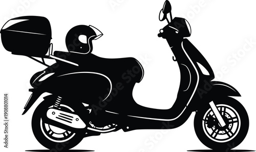 Stylish Black Scooter with Helmet and Luggage for Urban Commuting and Travel