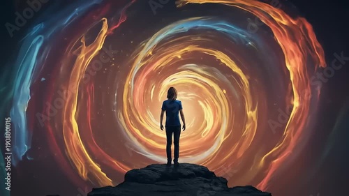 Person Standing on Rock with Swirling Vortex.