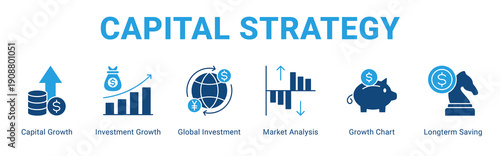Capital Strategy web banner icon concept,  with Capital Growth, Investment Growth, Global Investment, Market Analysis, Growth Chart, Longter.