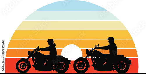 Silhouetted Motorcyclists Against a Retro Sunset Background