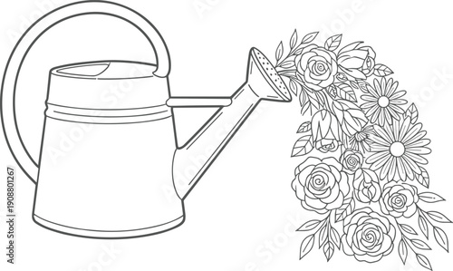 Watering can nurturing beautiful flowers and roses