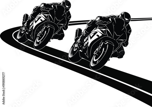 Dynamic Black and White Motorcycle Race Illustration with Two Riders on a Curved Track