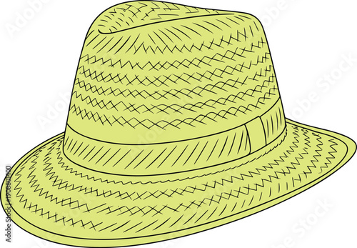 Straw fedora hat with woven texture, summer fashion accessory sketch, headwear vector template, cad drawing flat vector illustration