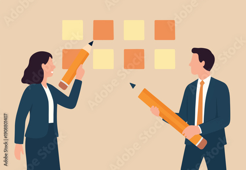 Business brainstorming, meeting to set target and get solution to solve problem or scrum agile method concept, , colleagues holding pencil with sticky notes on the wall.