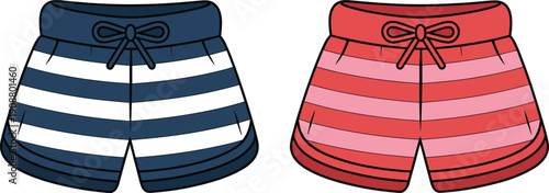 Striped casual summer shorts, navy and red color palette, curved hem, drawstring waist, trendy beachwear fashion, cad drawing flat 