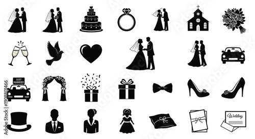 Wedding Silhouette Icons Set – Bride Groom Love Ceremony Symbols