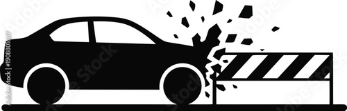 Car Accident Icon Illustration: Vehicle Colliding with Barrier, Vector Graphics for Safety Awareness