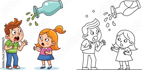 Surprised children under spilled liquid, cartoon reaction, dual style, colored and line drawing, expressive scene, educational, coloring page, emotion