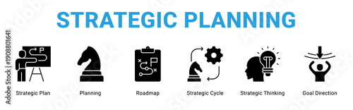 Strategic Planning web banner icon concept,  with Strategic Plan, Planning, Roadmap, Strategic Cycle, Strategic Thinking, Goal Directi.