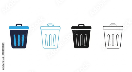 Waste bin icon pack multiple styles. Remove file symbol collection