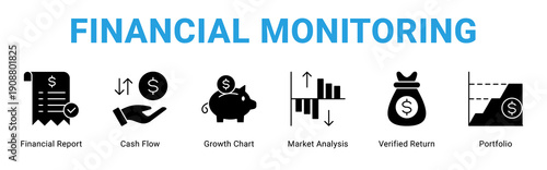 Financial Monitoring web banner icon concept,  with Financial Report, Cash Flow, Growth Chart, Market Analysis, Verified Return,.