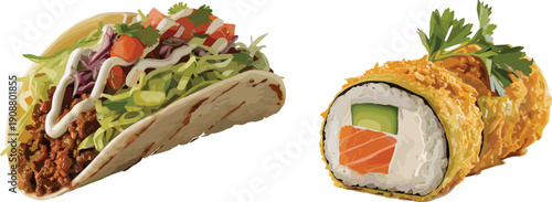 Taco with beef and sushi roll with salmon, avocado, crispy coating on white background illustration
