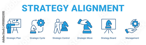 Strategy Alignment web banner icon concept,  with Strategic Plan, Strategic Cycle, Strategic Control, Strategic Move, Strategy Board, Managem.