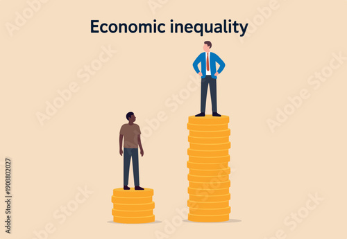 : Economic inequality, rich and poor gap, unfairness income, different money people being paid concept, white rich coins tower with poor black man on low coins stack.