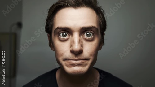 Young man portrait with dramatic lighting and wide eyes conveying intense surprise, expressive