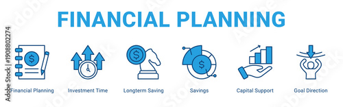 Financial Planning web banner icon concept,  with Financial Planning, Investment Time, Longterm Saving, Savings, Capital Support, Goal Directi.