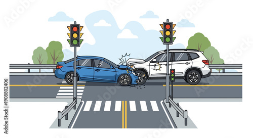 Car accident illustration collision at intersection with traffic lights