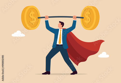 Investment professional or financial literacy, investing expert or wealth manager, effort to earn more money or fund profit concept, confidence businessman superhero lift up heavy money coins weight