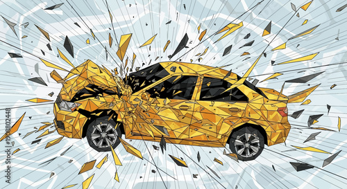 Abstract illustration of a car accident depicting collision and fragmentation