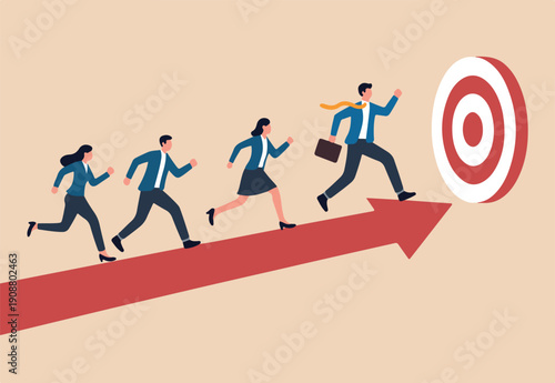 Competition or race to reach business goal or target, effort or challenge to achievement, motivation, progress or performance win business competition concept, business people run on arrow to target.