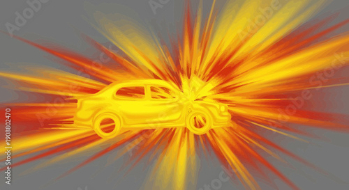 Abstract illustration of a car in a burst of energy explosion concept