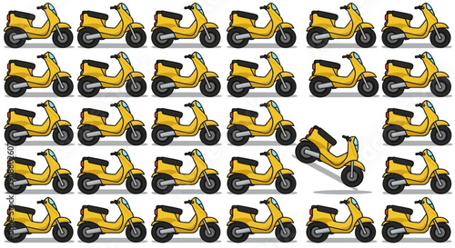 Array of yellow scooters isolated illustration for transportation and design